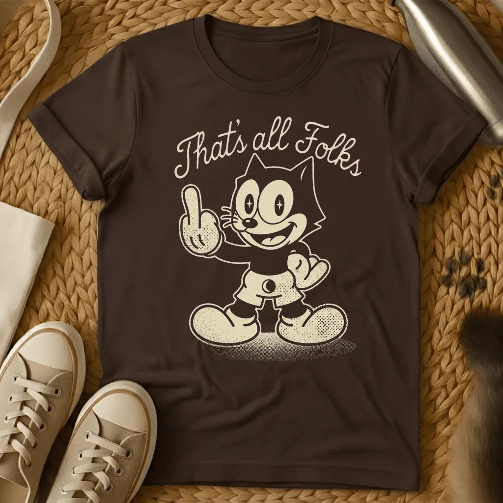 Dark Chocolate - Gray t-shirt with a vintage rubber-hose cartoon cat giving the middle finger under the script text That's all Folks