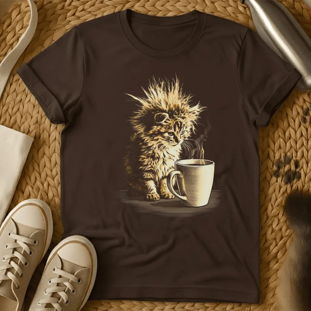 Dark Chocolate - Fluffy kitten with spiky hair sitting next to a coffee mug, gold illustration on dark gray t-shirt