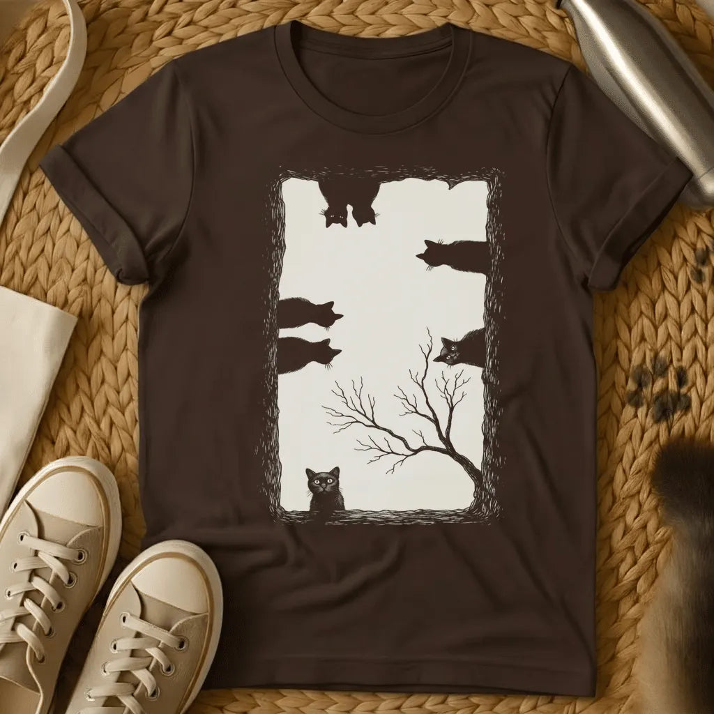 Dark Chocolate - Dark t-shirt with silhouette artwork of cats flying above a bare tree and cat watching below, black and white design