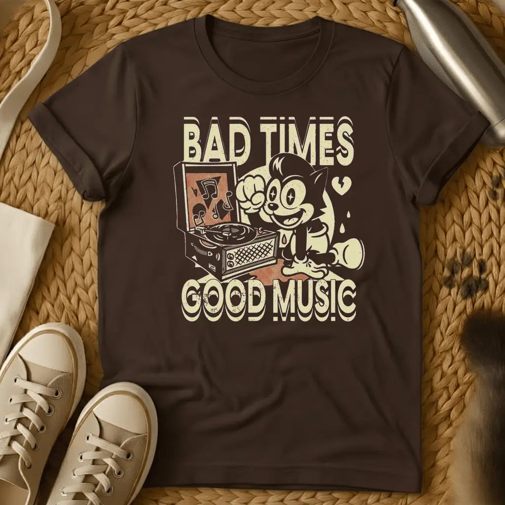 Dark Chocolate - Dark gray t-shirt with vintage cartoon character DJ design, text reads "BAD TIMES GOOD MUSIC" with turntable graphic.