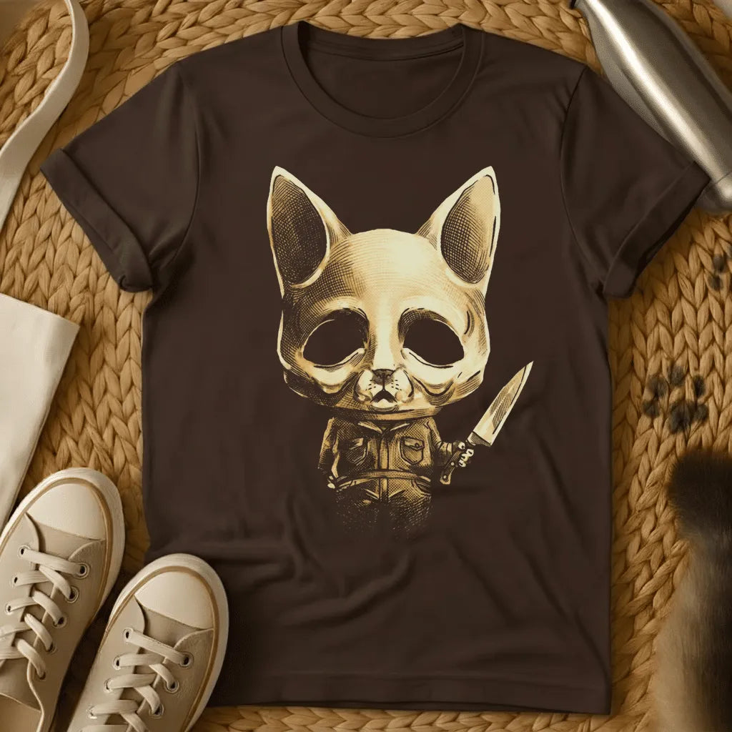 Dark Chocolate - Dark grey t-shirt with a golden engraving of a skeletal cat skull in a utility jacket holding a large knife