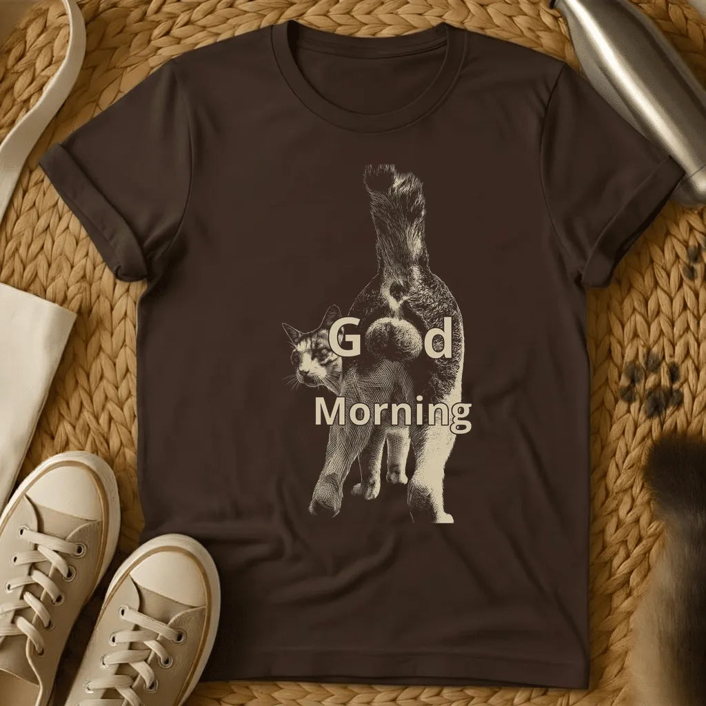 Dark Chocolate - Dark gray t-shirt with "Good Morning" text overlaid on an engraved-style illustration of two squirrels standing upright together.