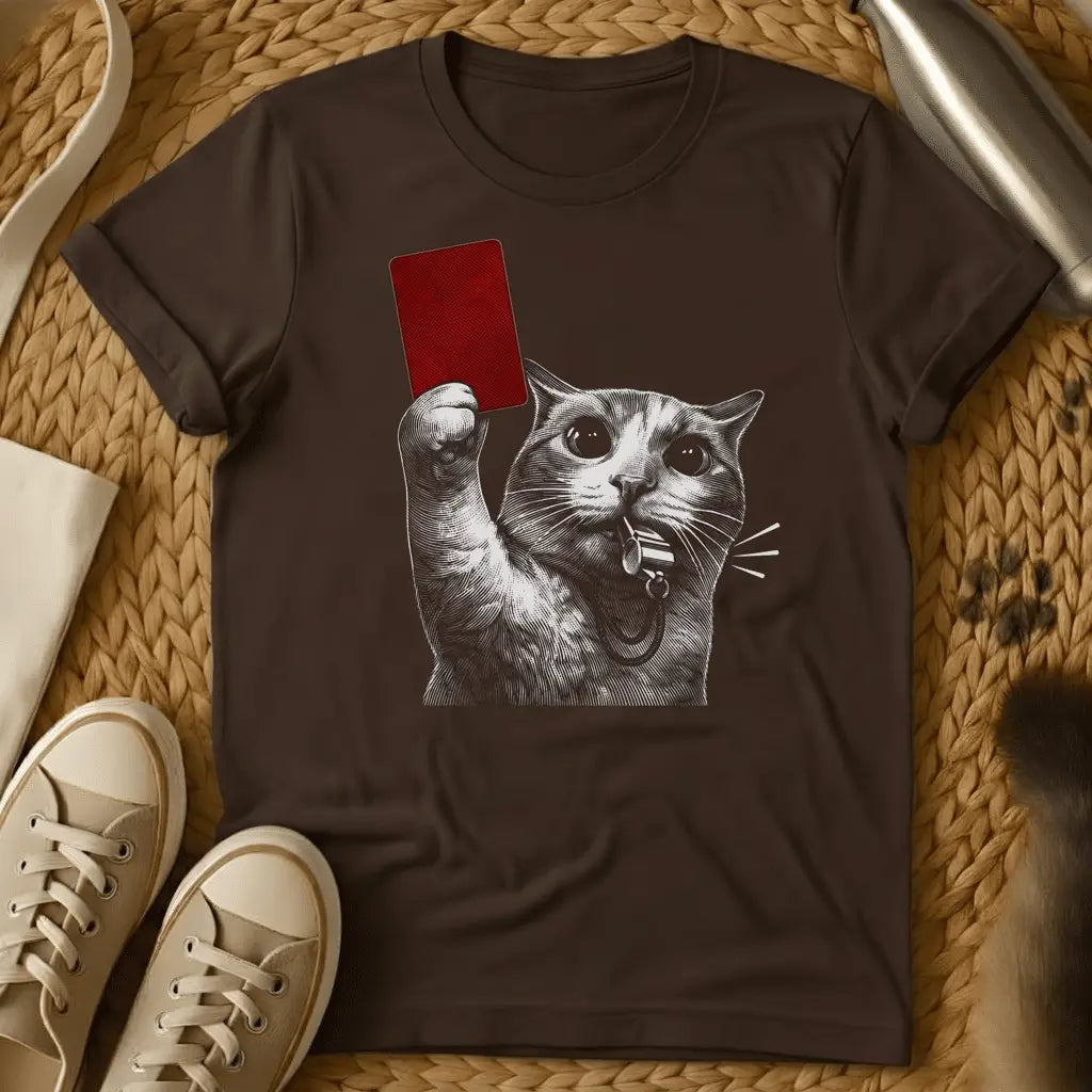 Dark Chocolate - Dark heather t-shirt with an engraving-style cat blowing a whistle and holding up a red card like a soccer referee