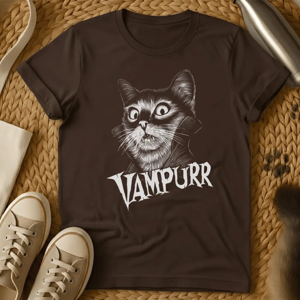 Dark Chocolate - Gray t-shirt with black ink engraving of a wide-eyed fanged cat in a vampire cape collar above the text VAMPURR