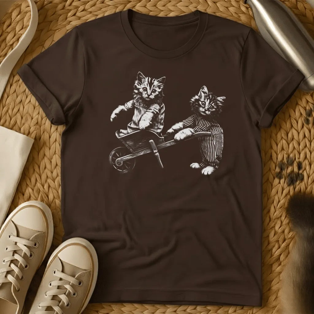Dark Chocolate - Dark heather grey t-shirt with black and white vintage illustration of two suited kittens with a small wheelbarrow