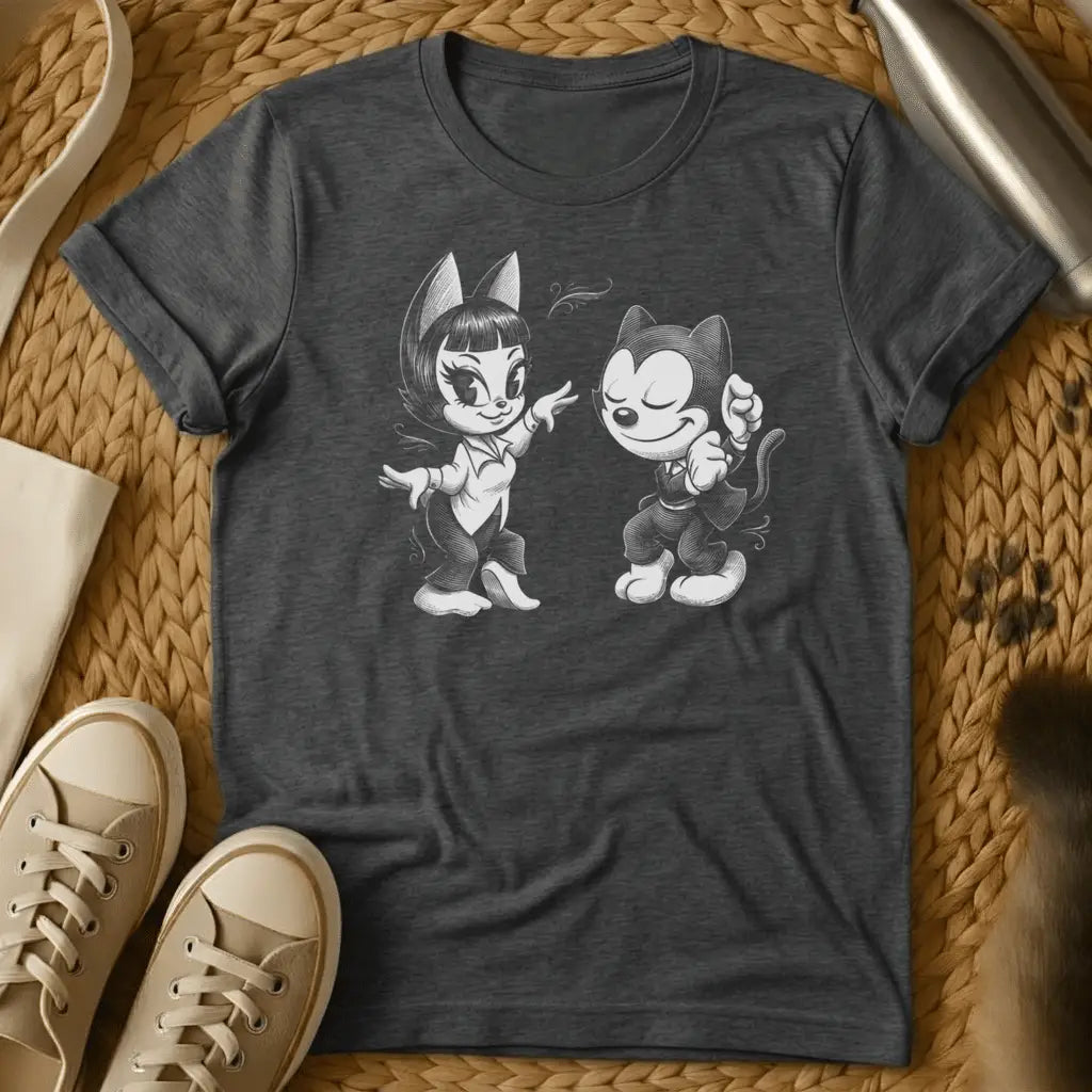 Dark Heather - Dark grey t-shirt with a black-and-white pencil sketch of two dancing anthropomorphic cats in vintage 1930s cartoon style