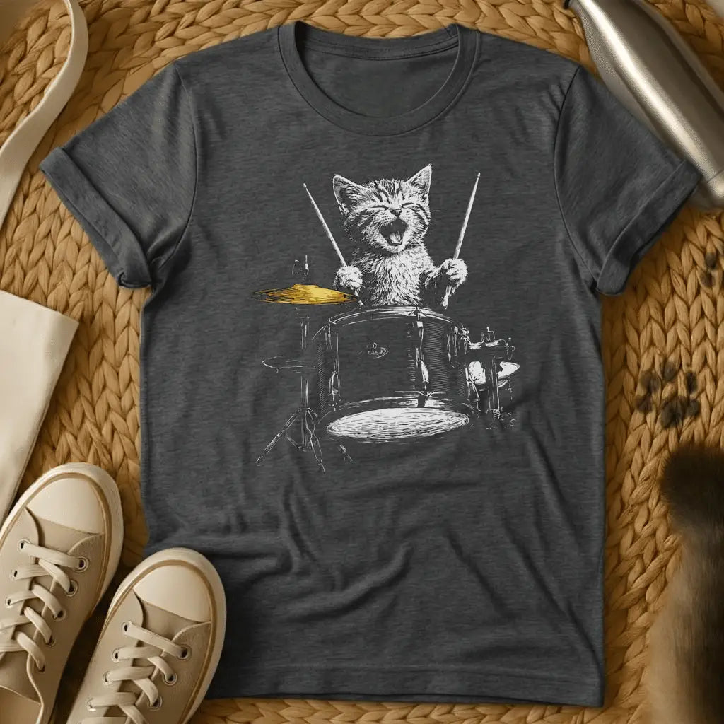 Dark Heather - Forest green t-shirt with a sketch of a happy kitten playing a full drum kit with drumsticks, mouth open, cymbal mid-crash