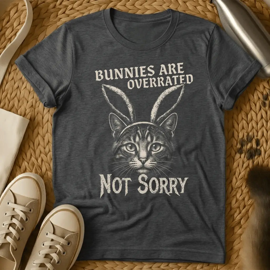 Dark Heather - Forest green t-shirt with a stern engraved tabby cat wearing bunny ears and gothic text reading Bunnies Are Overrated Not Sorry