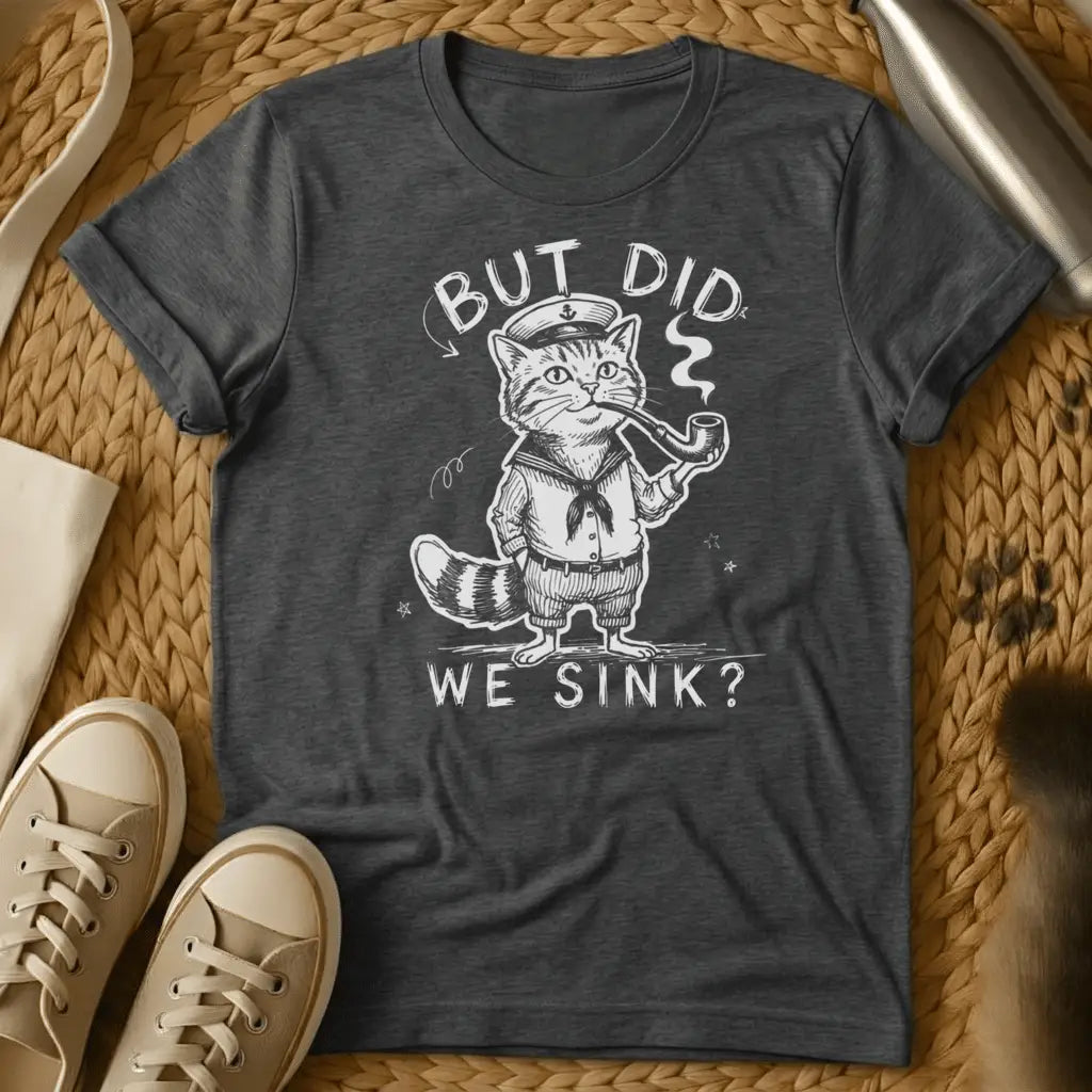 Dark Heather - Dark grey t-shirt with a vintage engraving of a pipe-smoking tabby cat in sailor uniform and anchor captain hat, text reads But Did We Sink