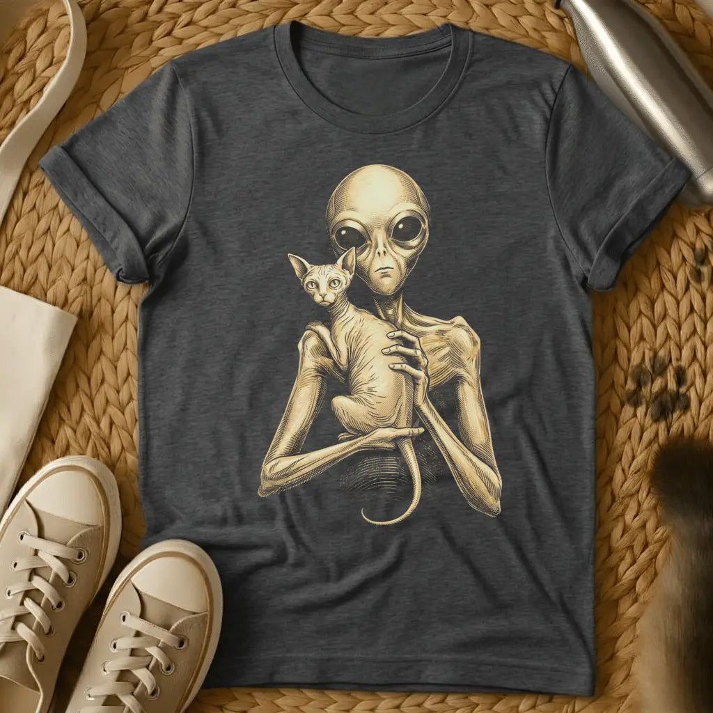 Dark Heather - Dark gray t-shirt with sepia engraving of a gray alien holding a hairless Sphynx cat against its chest