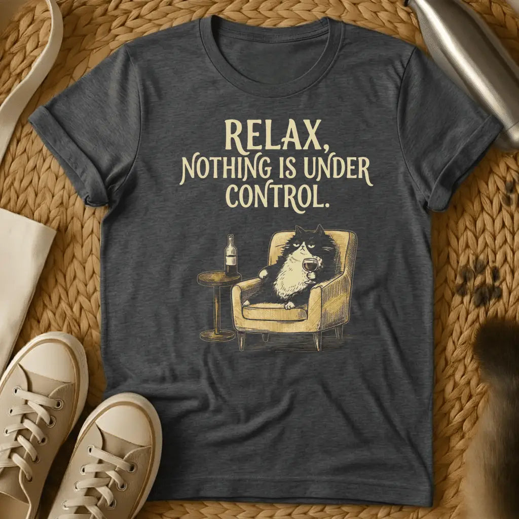 Dark Heather - Dark gray t-shirt with cream text reading "RELAX, NOTHING IS UNDER CONTROL" and illustration of a cat in an armchair holding a wine glass