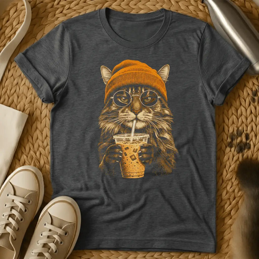 Dark Heather - Dark heather t-shirt with sepia-toned illustration of a cat in an orange beanie and round glasses sipping iced coffee through a straw
