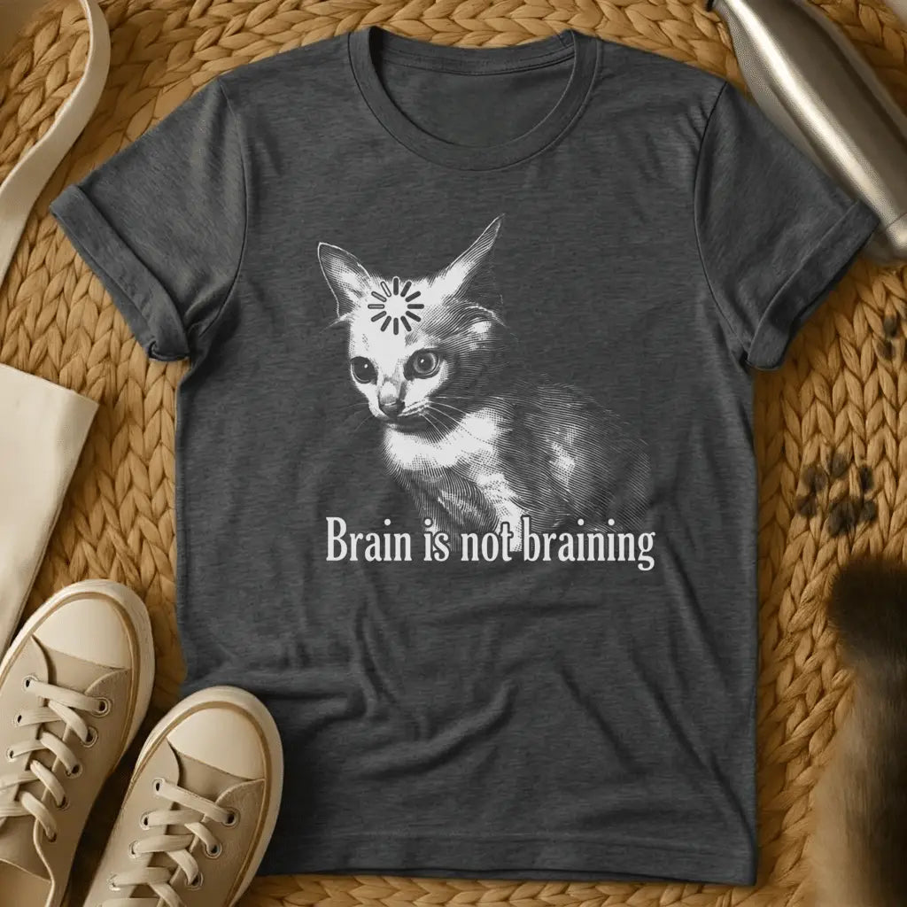 Dark Heather - Dark heather grey t-shirt with vintage engraving cat featuring a loading spinner on its forehead and text Brain is not braining