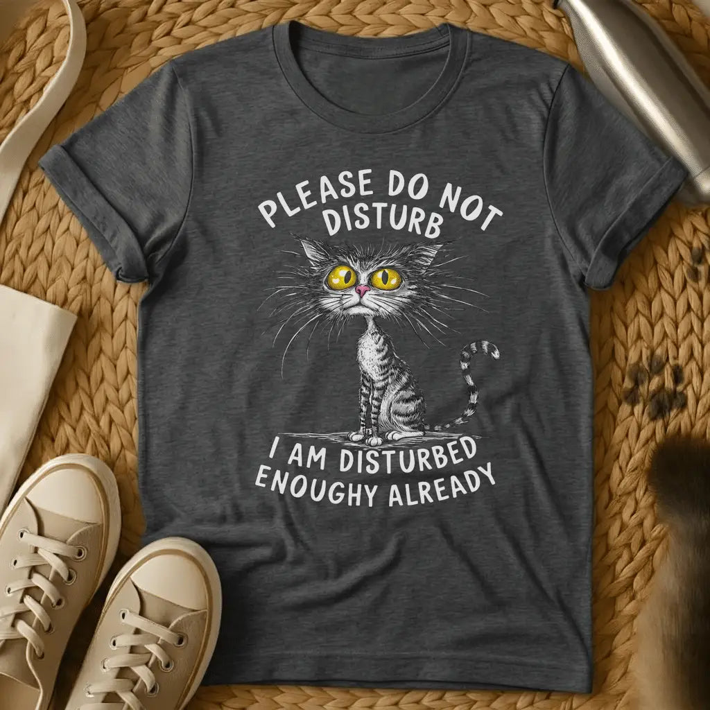 Dark Heather - Dark heather grey t-shirt with a sketchy wild-eyed tabby cat and humorous do not disturb slogan text