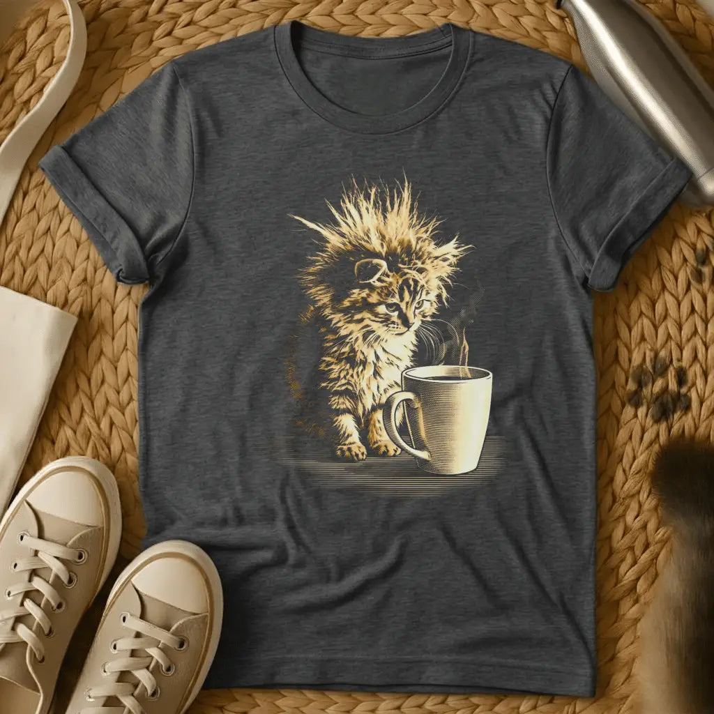 Dark Heather - Fluffy kitten with spiky hair sitting next to a coffee mug, gold illustration on dark gray t-shirt