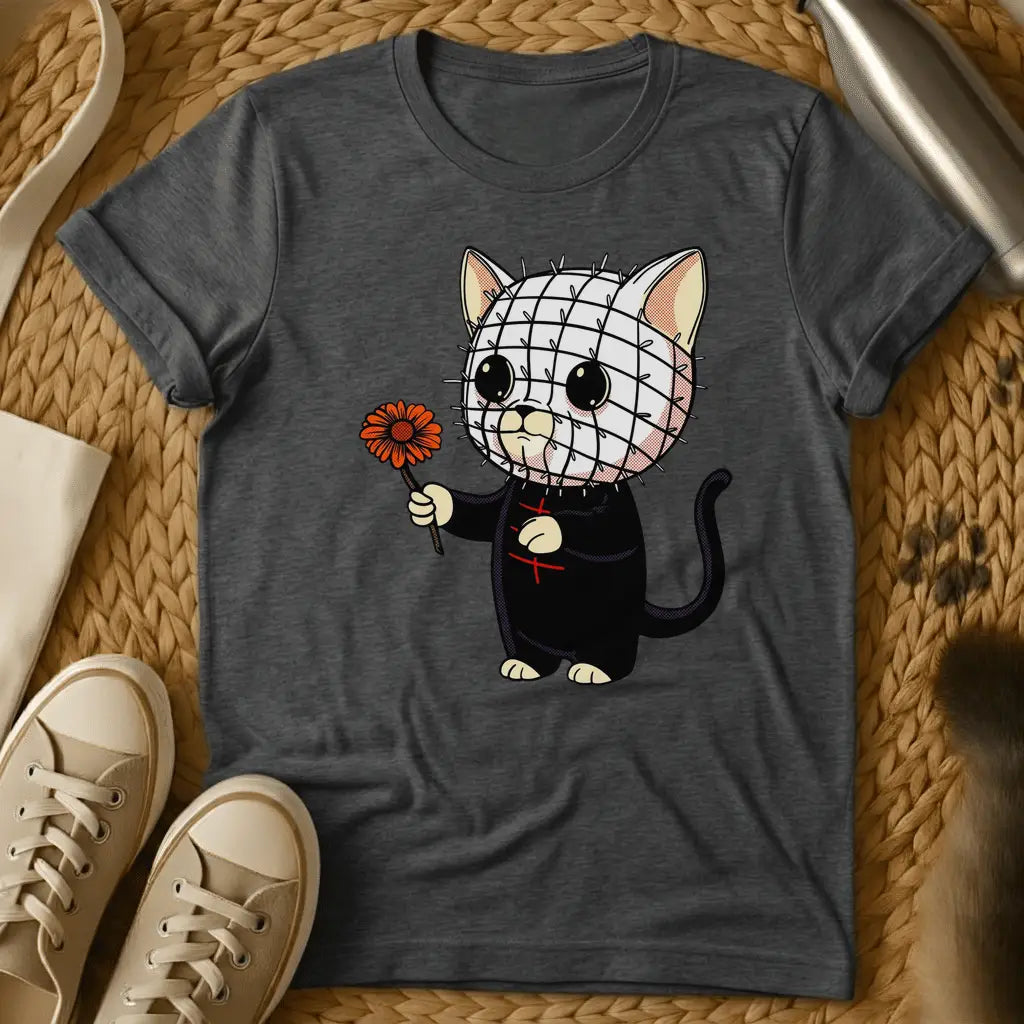 Dark Heather - Kawaii chibi cat with pin-grid face and dark robe holding an orange daisy flower, horror humor graphic on a dark grey t-shirt