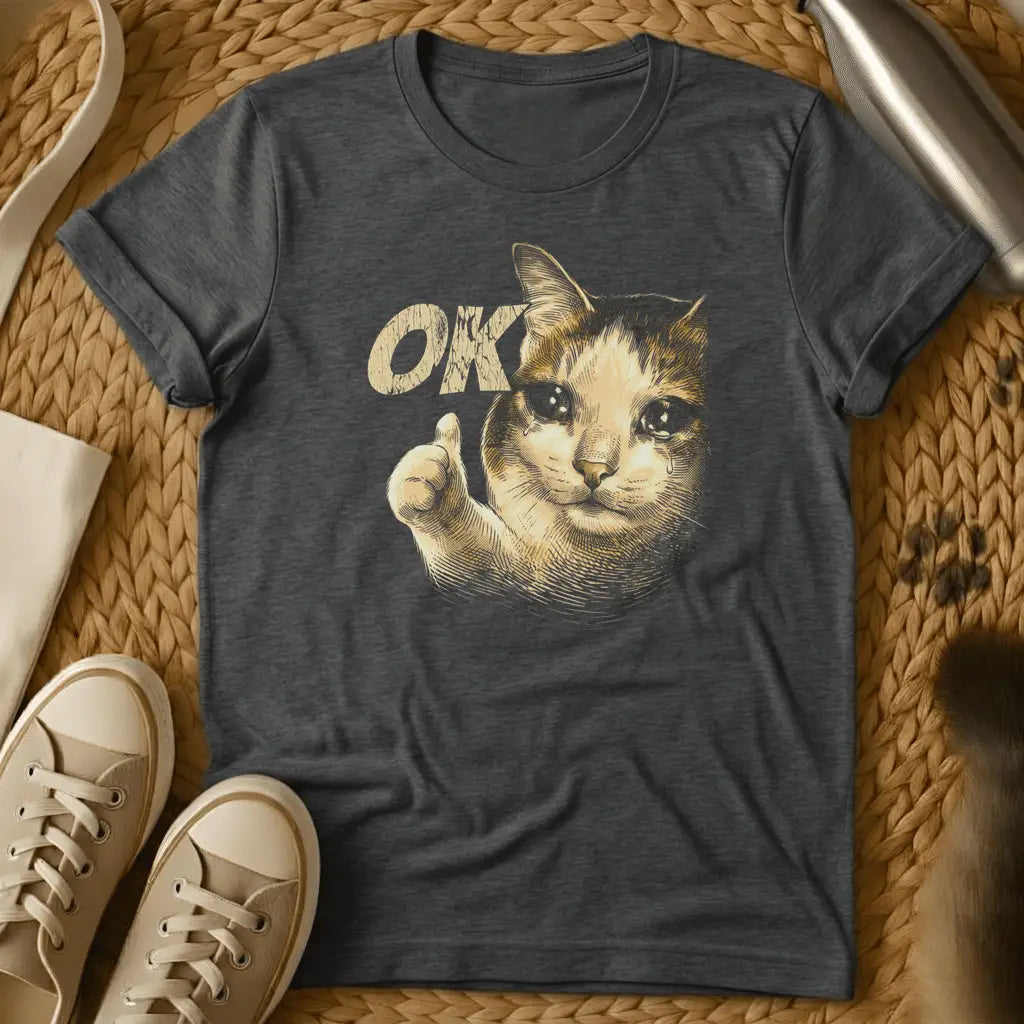 Dark Heather - Dark heather t-shirt with a Victorian engraving of a crying cat giving a thumbs-up next to the word OK
