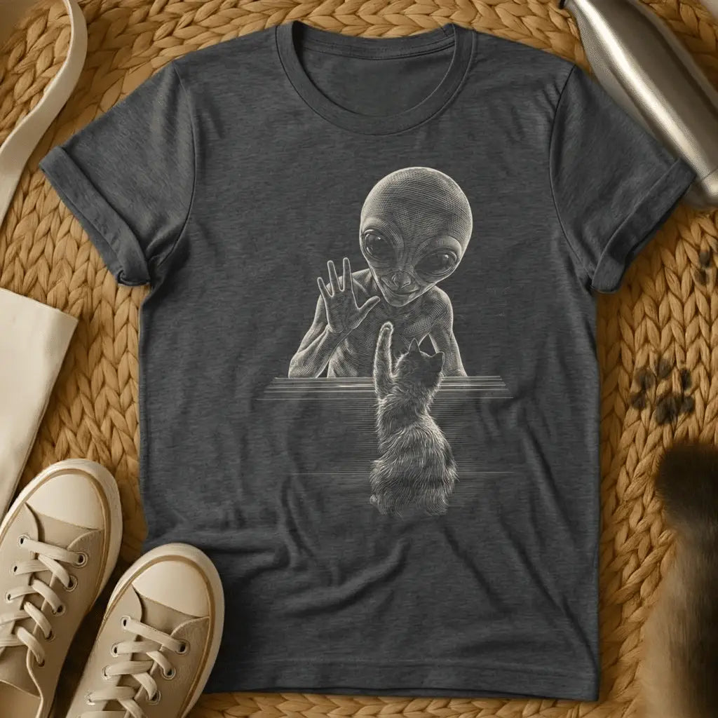 Dark Heather - Dark grey t-shirt with monochrome engraving of a grey alien and fluffy cat reaching toward each other across a flat surface