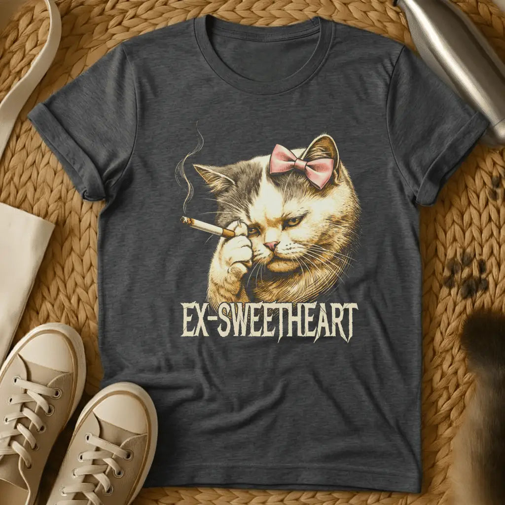 Dark Heather - Gray t-shirt featuring an illustrated cat with a pink bow smoking a cigarette, text reading "EX-SWEETHEART" below.