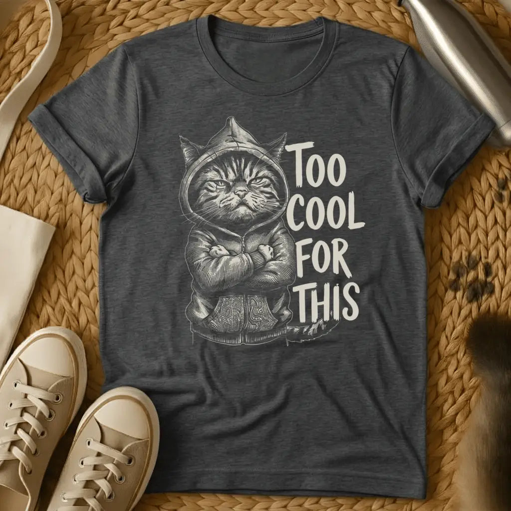 Dark Heather - Dark grey t-shirt with a sketch of a grumpy hooded cat arms crossed beside text reading Too Cool For This