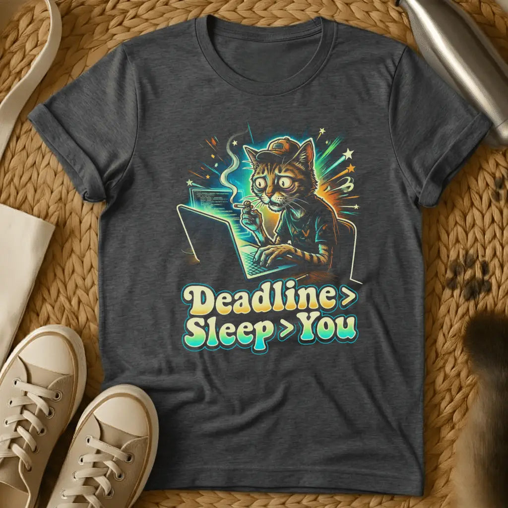 Dark Heather - Gray t-shirt featuring a colorful cartoon cat at a laptop with "Deadline > Sleep > You" text and neon glow effects
