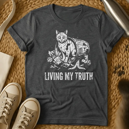 Dark Heather - Dark gray t-shirt with white illustration of a cat in a trash can and text reading "LIVING MY TRUTH