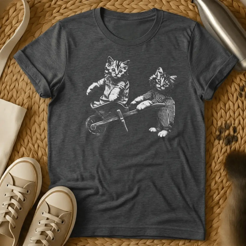 Dark Heather - Dark heather grey t-shirt with black and white vintage illustration of two suited kittens with a small wheelbarrow