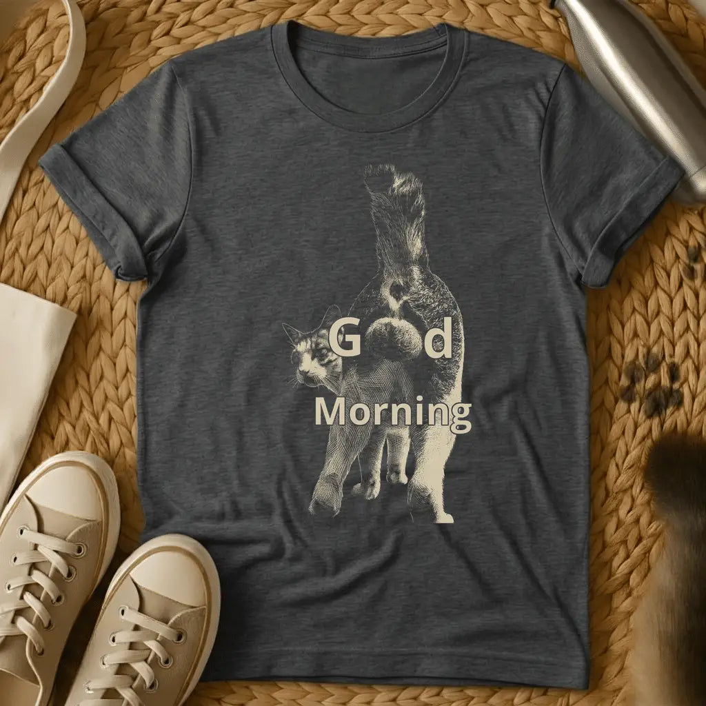Dark Heather - Dark gray t-shirt with "Good Morning" text overlaid on an engraved-style illustration of two squirrels standing upright together.