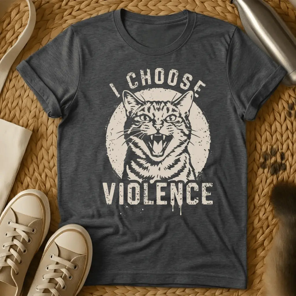 Dark Heather - Maroon unisex t-shirt with a hissing angry cat face and bold text reading I Choose Violence in vintage cream print