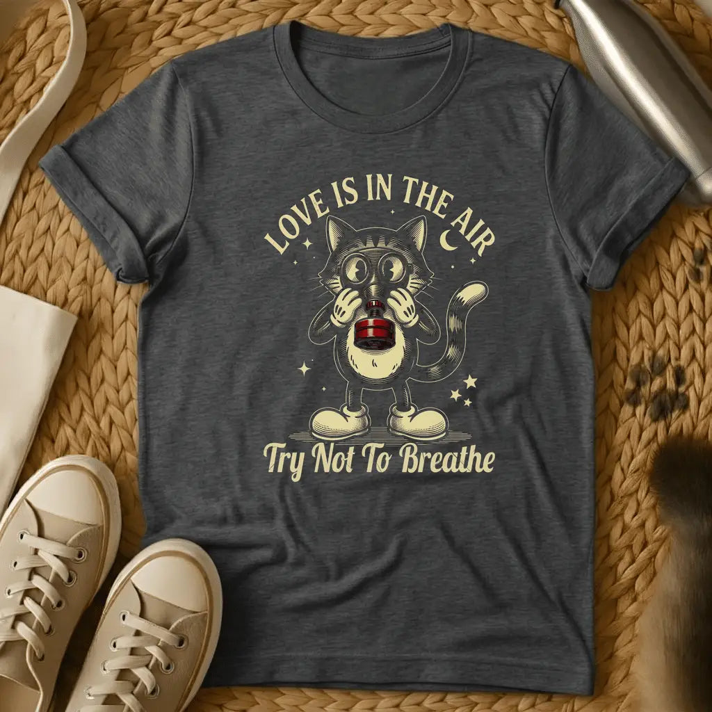 Dark Heather - Dark heather t-shirt with a vintage cartoon cat wearing a gas mask and goggles, stars and crescent moon, retro anti-Valentine design