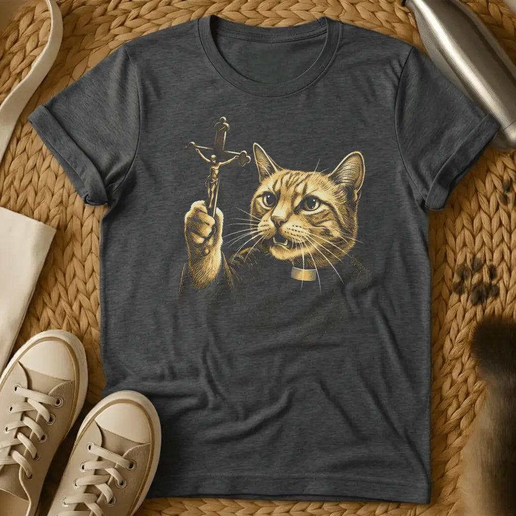 Dark Heather - Cat holding crucifix with halo, gold religious artwork on charcoal gray t-shirt, flat lay styling