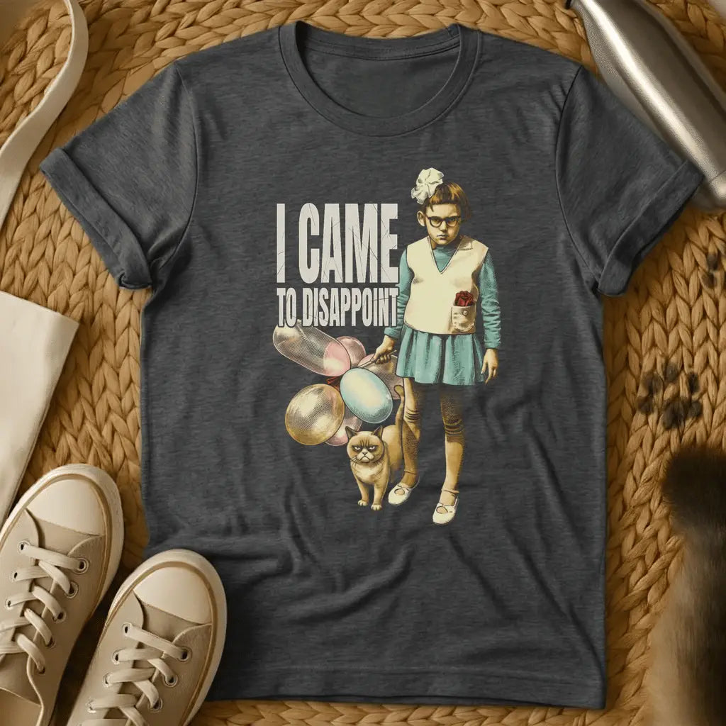Dark Heather - Dark gray t-shirt with vintage-style illustration of a girl holding tennis rackets and a grumpy cat, text reading "I CAME TO DISAPPOINT