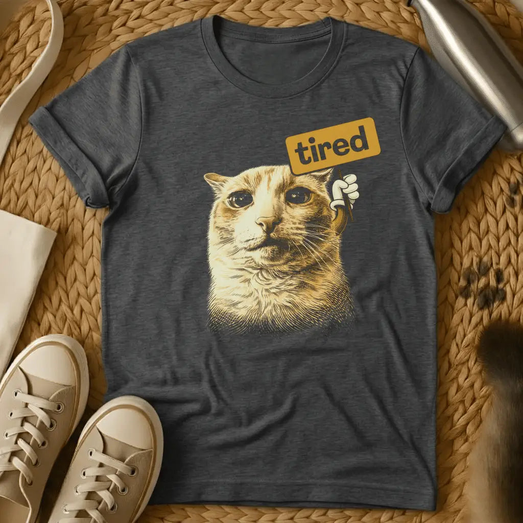 Dark Heather - Dark grey t-shirt with sepia engraving-style cat holding a golden sign reading tired in a cartoon hand