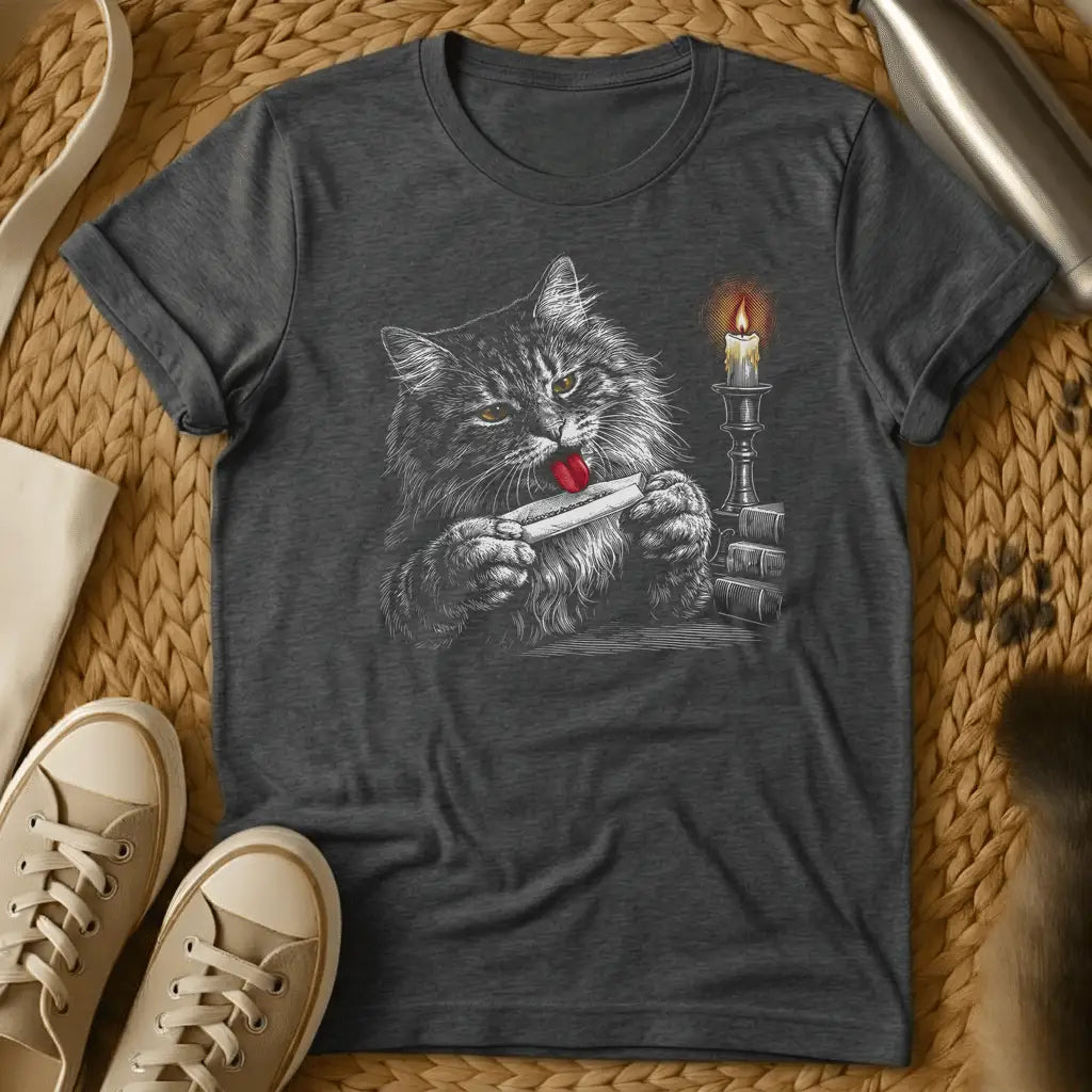 Dark Heather - Dark heather t-shirt with engraved fluffy cat licking a rolled joint held in both paws beside a lit candlestick and stack of books