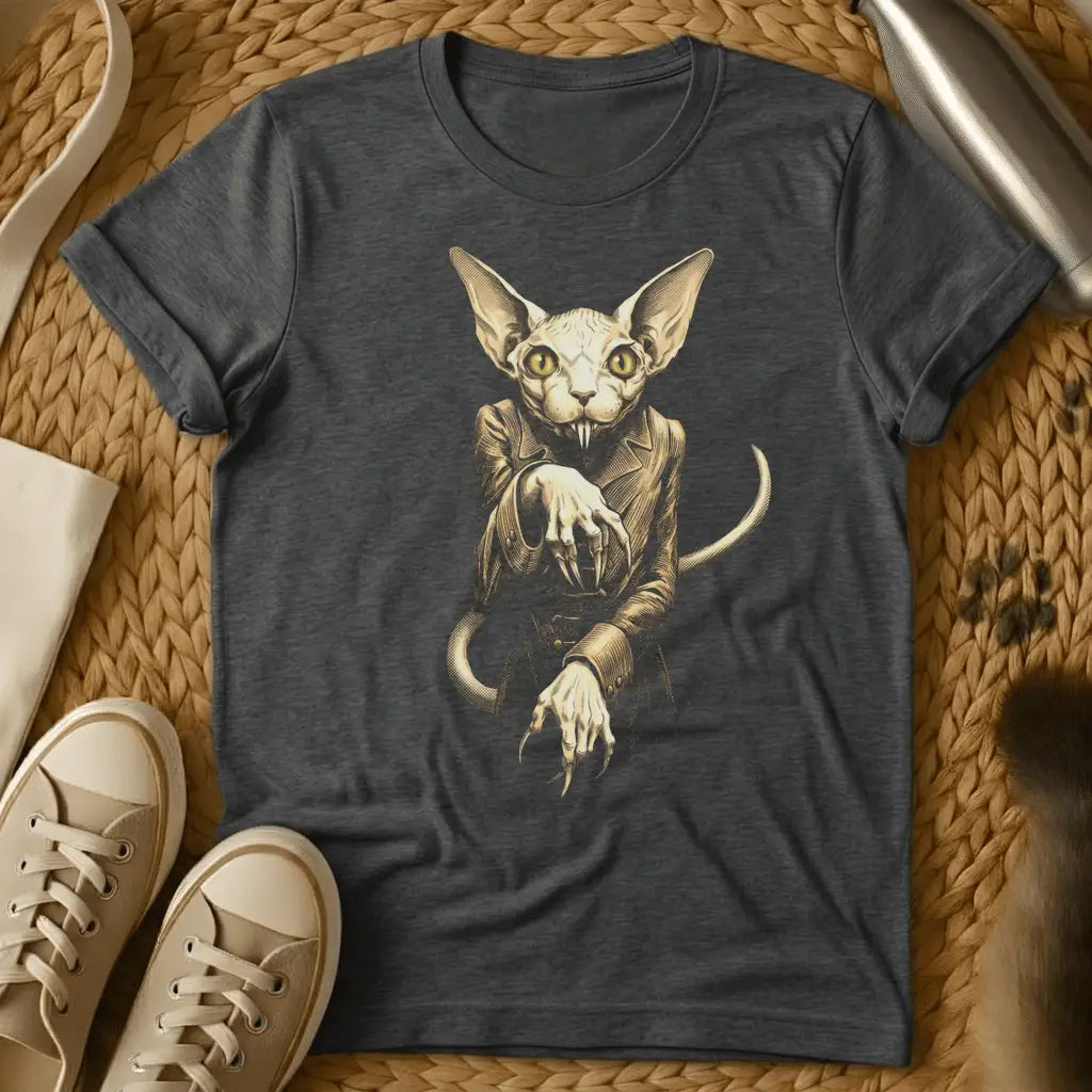 Dark Heather - Dark gray t-shirt with tan and cream illustration of a hairless Sphynx cat wearing clothes, displayed flat on woven background with sneakers