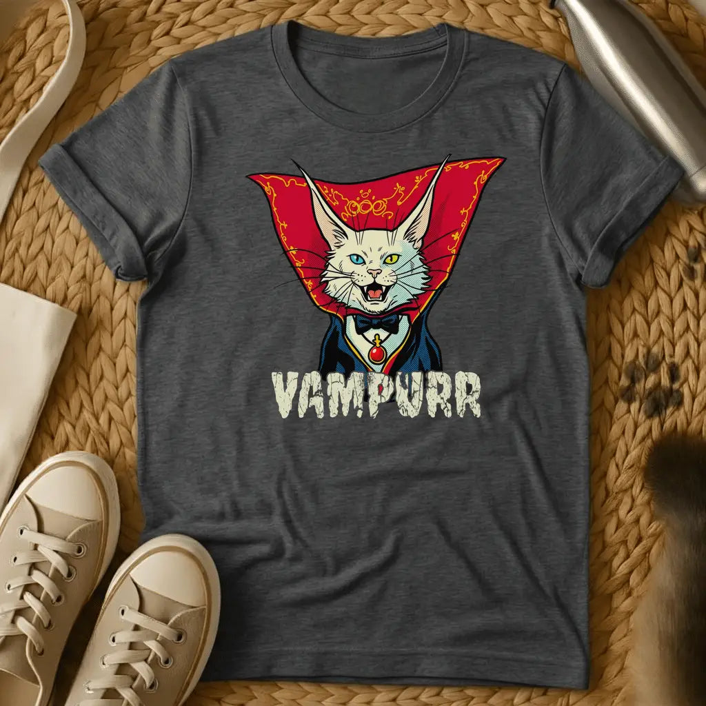 Dark Heather - Dark gray t-shirt featuring a vampire cat illustration with red cape, blue eyes, and fangs, with "VAMPURR" text below.
