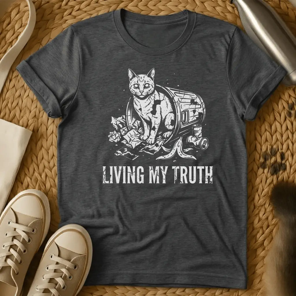 Dark Heather - Dark gray t-shirt featuring a cat in a trash can with "LIVING MY TRUTH" text, illustrated in white line art style.