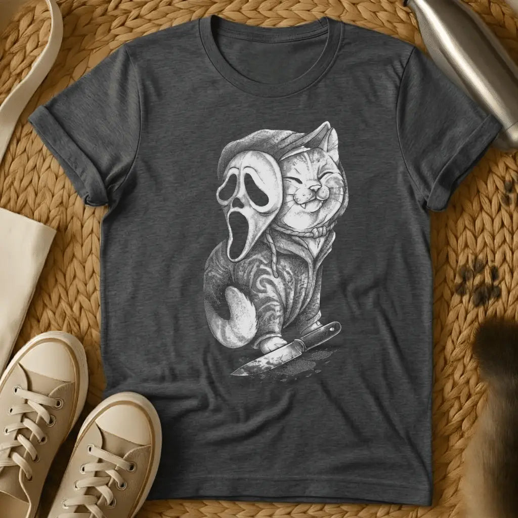 Dark Heather - Dark heather t-shirt with a pencil-style illustration of a smiling cat in a hoodie holding a bloody knife with a ghost scream mask pushed up on its he
