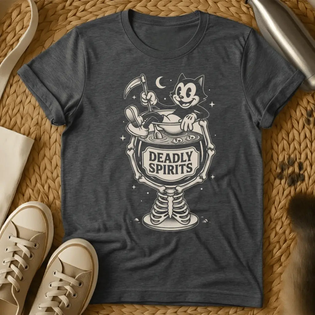 Dark Heather - Dark heather t-shirt with vintage cartoon cat in a skeleton goblet holding a scythe labeled Deadly Spirits retro Halloween design