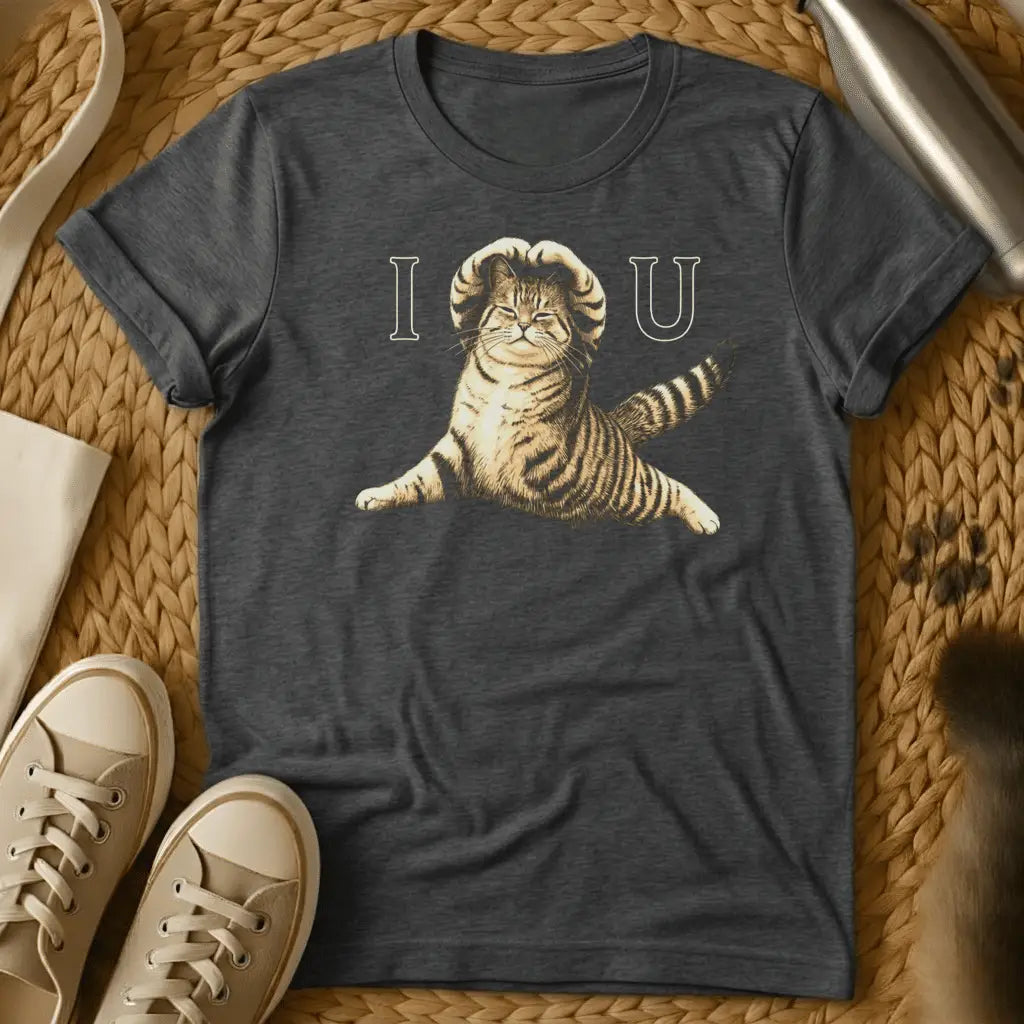 Dark Heather - Dark gray t-shirt with "I [cat] U" design featuring a playful tabby cat illustration in the center, styled as a love message.