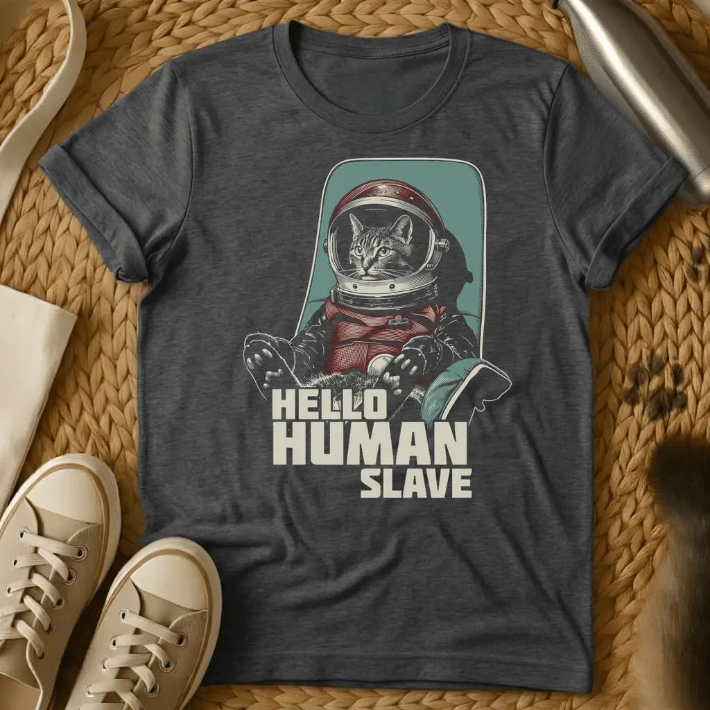 Dark Heather - Dark gray t-shirt with a retro illustrated tabby cat in a red astronaut spacesuit and helmet with text Hello Human Slave