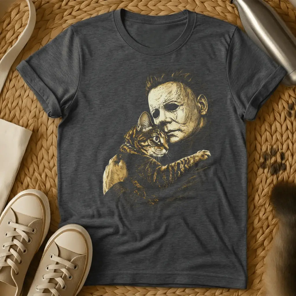 Dark Heather - Dark heather t-shirt with sepia etching of a blank-masked scarred figure tenderly cuddling a striped tabby kitten