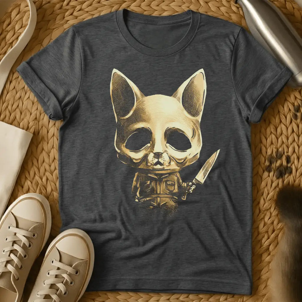 Dark Heather - Dark heather t-shirt with a golden engraving style skeletal cat in a jacket holding a knife