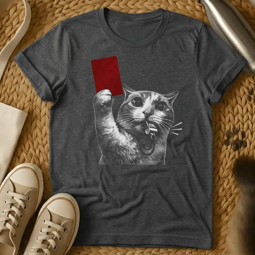 Dark Heather - Dark heather t-shirt with an engraving-style cat blowing a whistle and holding up a red card like a soccer referee