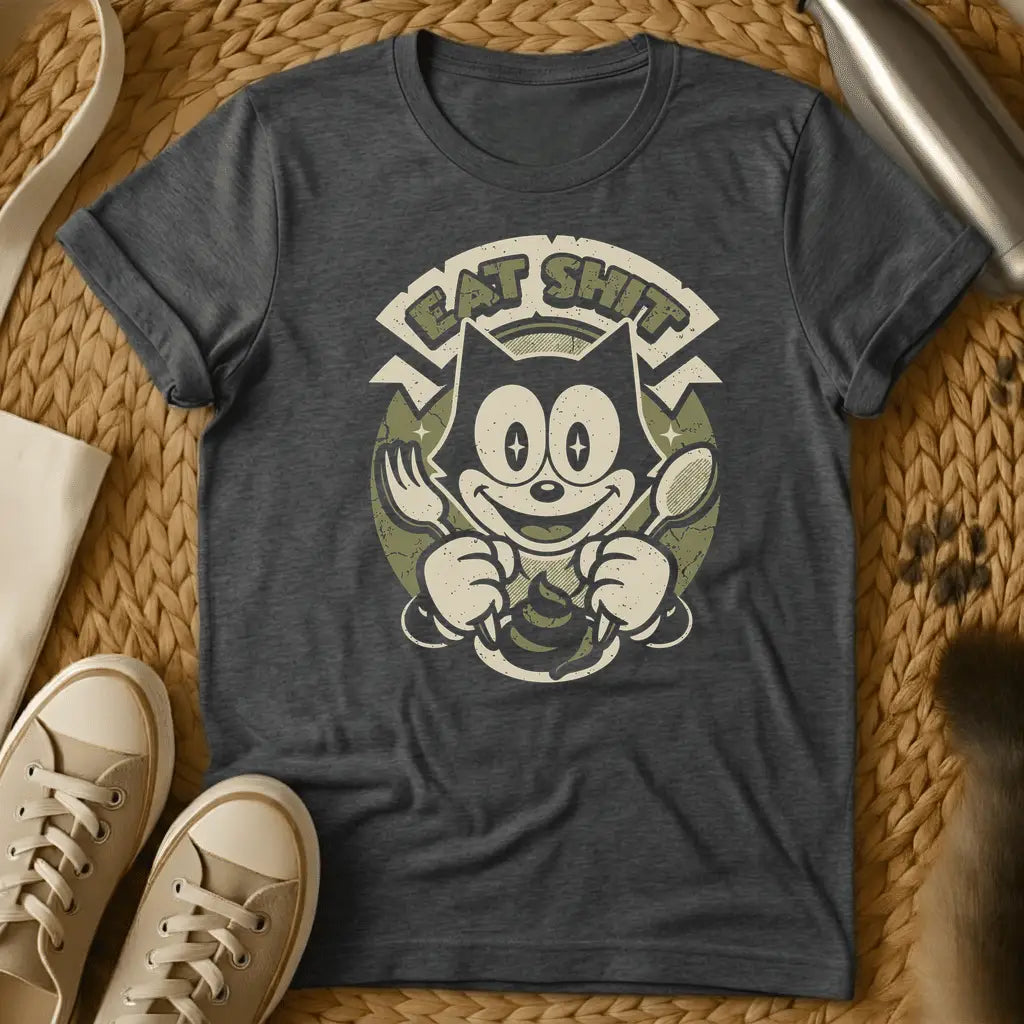 Dark Heather - Dark grey t-shirt with a retro cartoon cat holding fork and spoon over a poop emoji with text reading Eat Shit in a vintage badge design