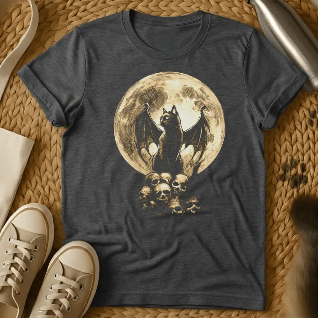 Dark Heather - Dark gray t-shirt with gothic bat illustration perched on skulls against a full moon backdrop, printed in cream and black tones
