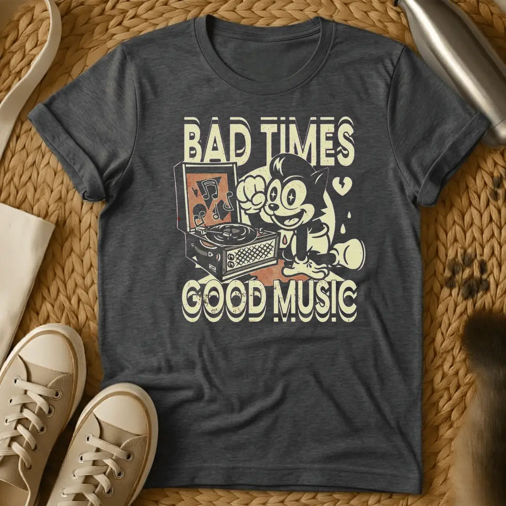 Dark Heather - Dark gray t-shirt with vintage cartoon character DJ design, text reads "BAD TIMES GOOD MUSIC" with turntable graphic.