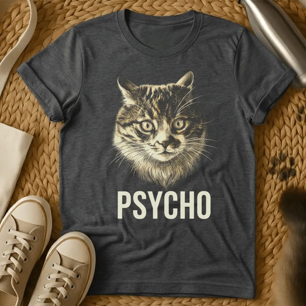 Dark Heather - Dark heather grey t-shirt with vintage engraving-style intense tabby cat face and bold PSYCHO text beneath