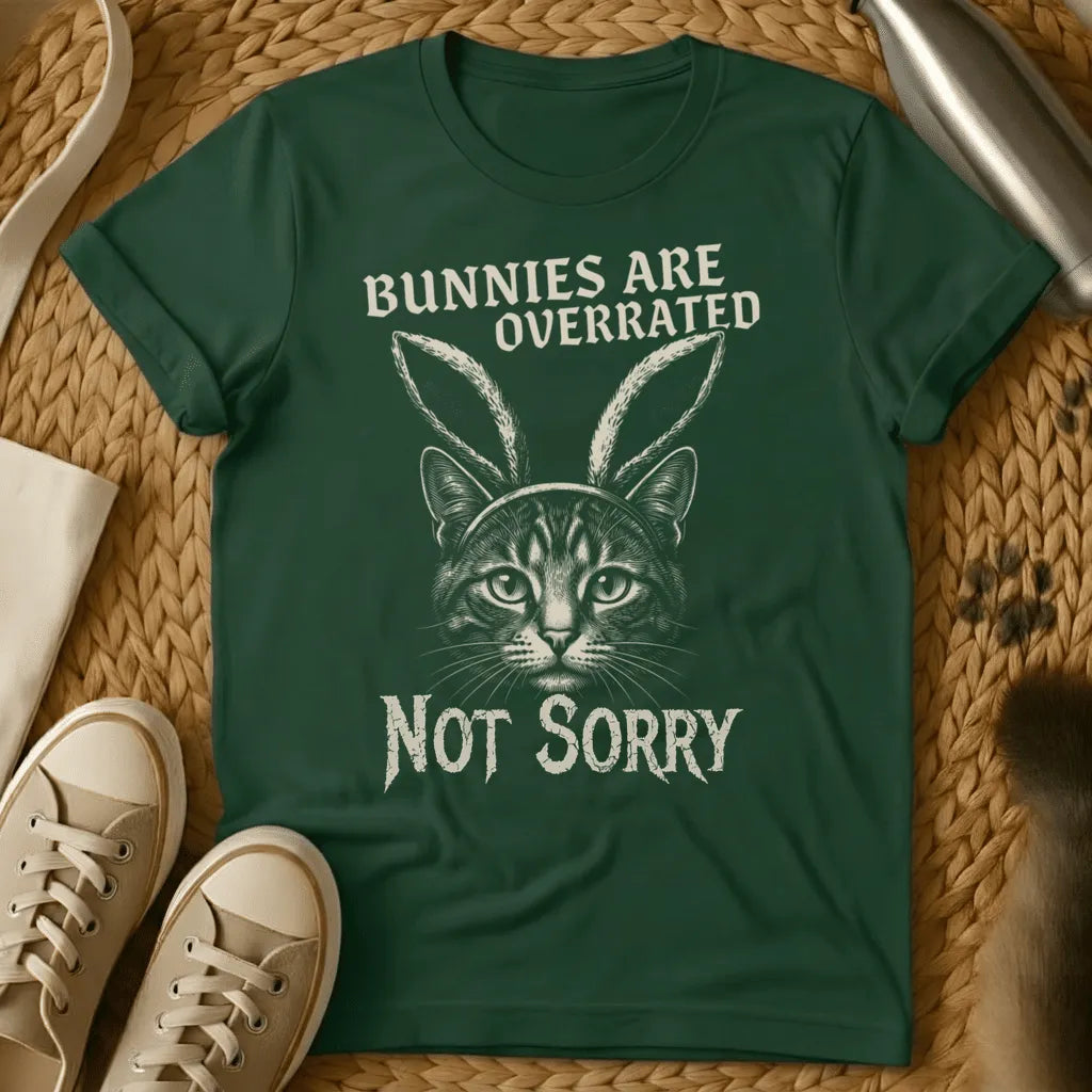 Forest Green - Forest green t-shirt with a stern engraved tabby cat wearing bunny ears and gothic text reading Bunnies Are Overrated Not Sorry