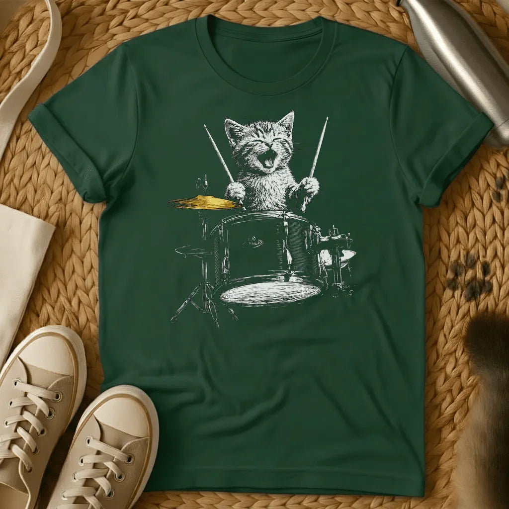Forest Green - Forest green t-shirt with a sketch of a happy kitten playing a full drum kit with drumsticks, mouth open, cymbal mid-crash